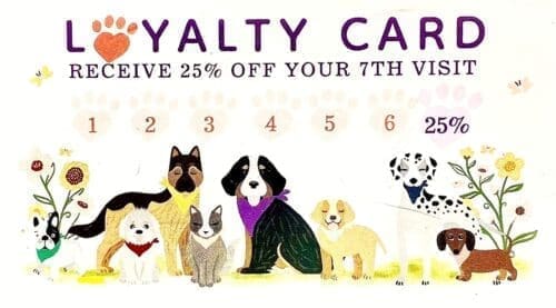 FurBabies & Friends proudly offers a dog grooming loyalty card where clients get 25% off their 7th visit.