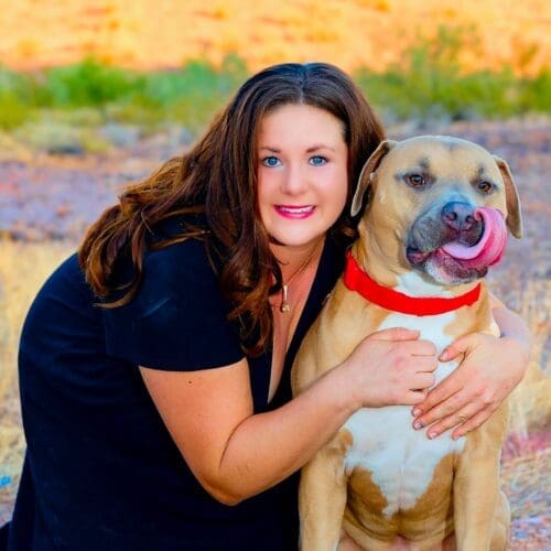 Kristie Halverson, dog trainer in Glendale, AZ, and her American Bully Simba.