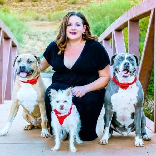 Positive reinforcement dog trainer, Kristie Halverson, owner of Furbabies & Friends and her 3 dogs during a professional family photo shoot in Glendale, AZ.