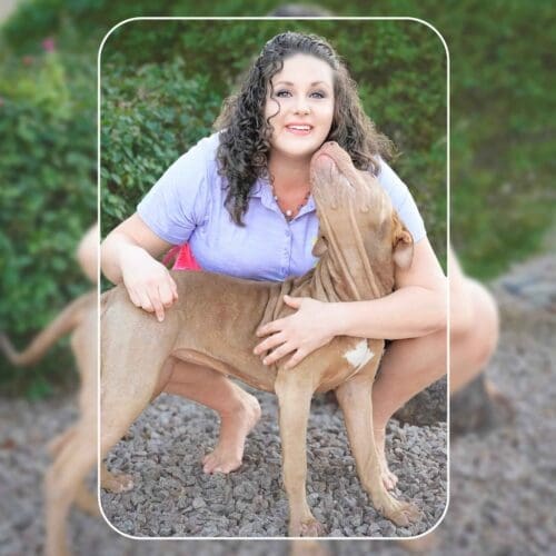 Kristie Halverson, positive reinforcement dog trainer in Glendale, Arizona, and her American Bully Puppy Mella.