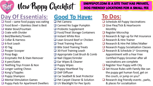 A checklist of supplies that are essential and good to have along with a list of to do's when bringing a new puppy home.